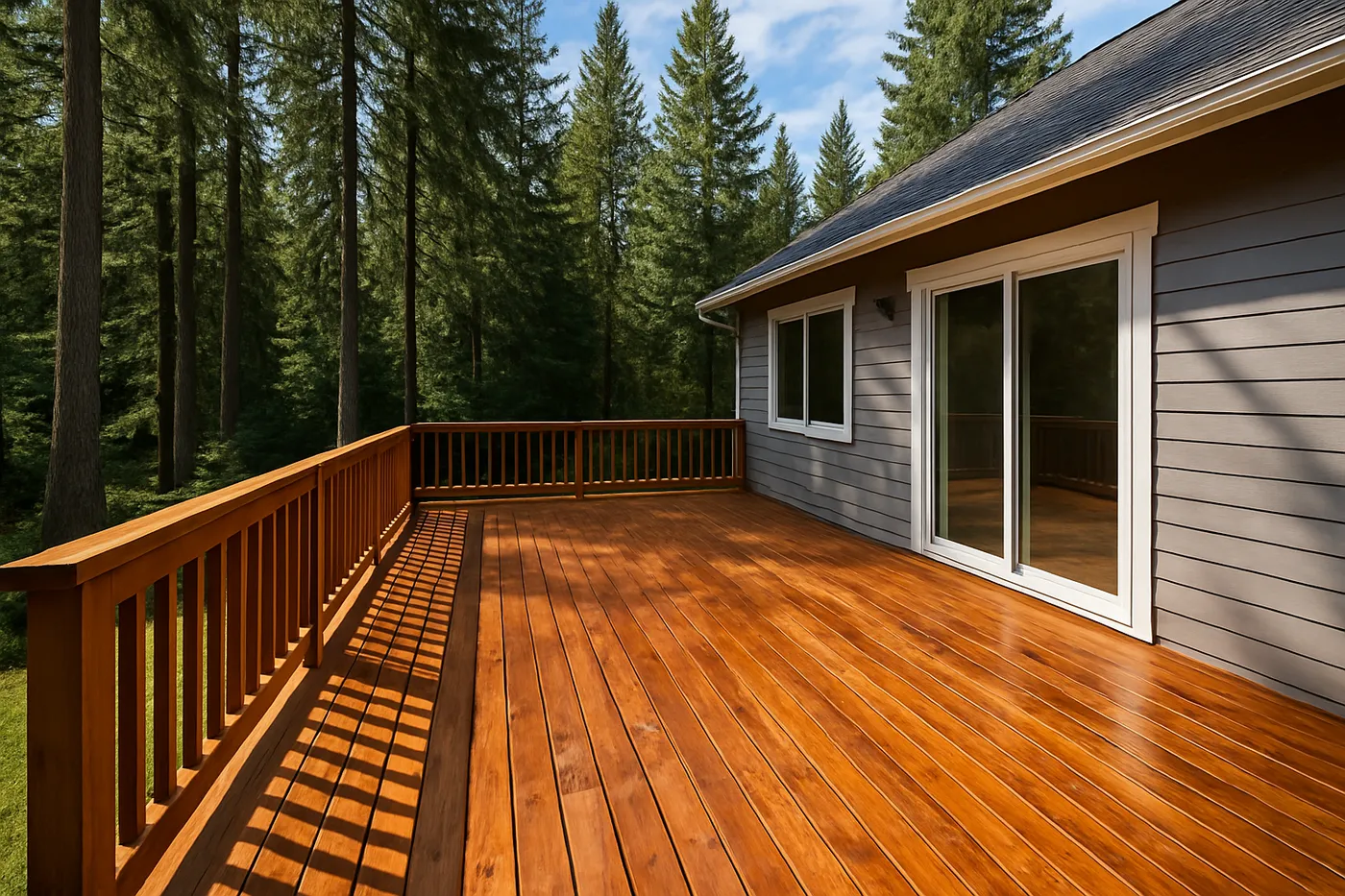 Freshly stained wood deck on a Seattle-area home backyard.