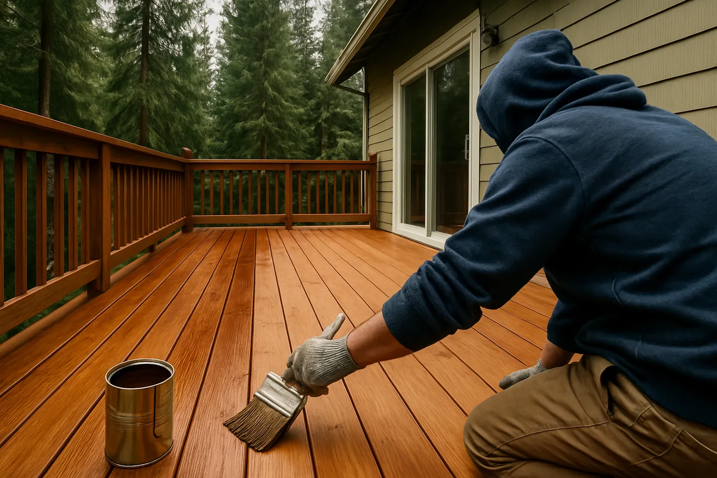 Semi-transparent stain soaking into cedar deck boards.