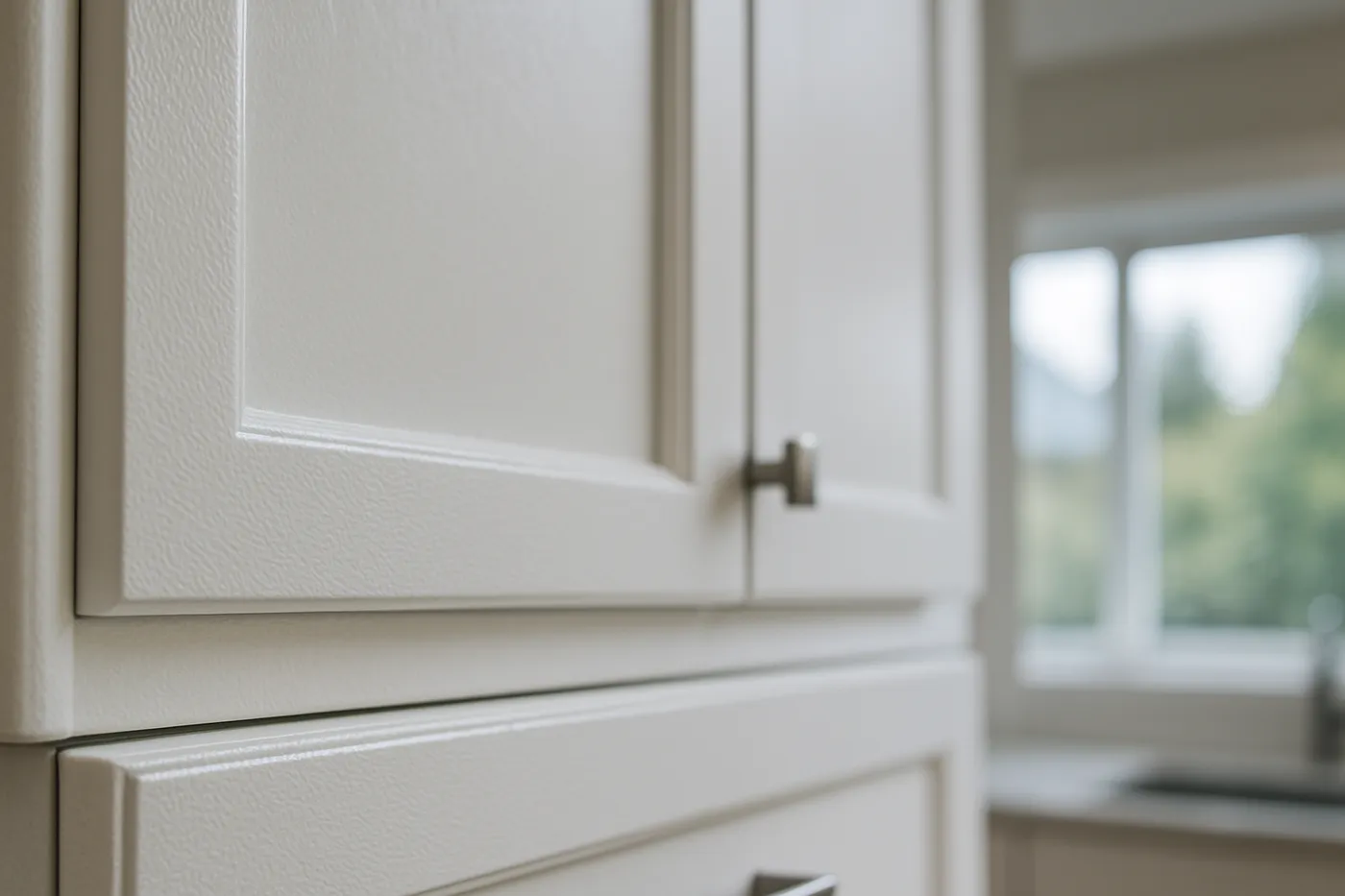 Freshly painted kitchen cabinets with a smooth satin finish in a Seattle-area home.