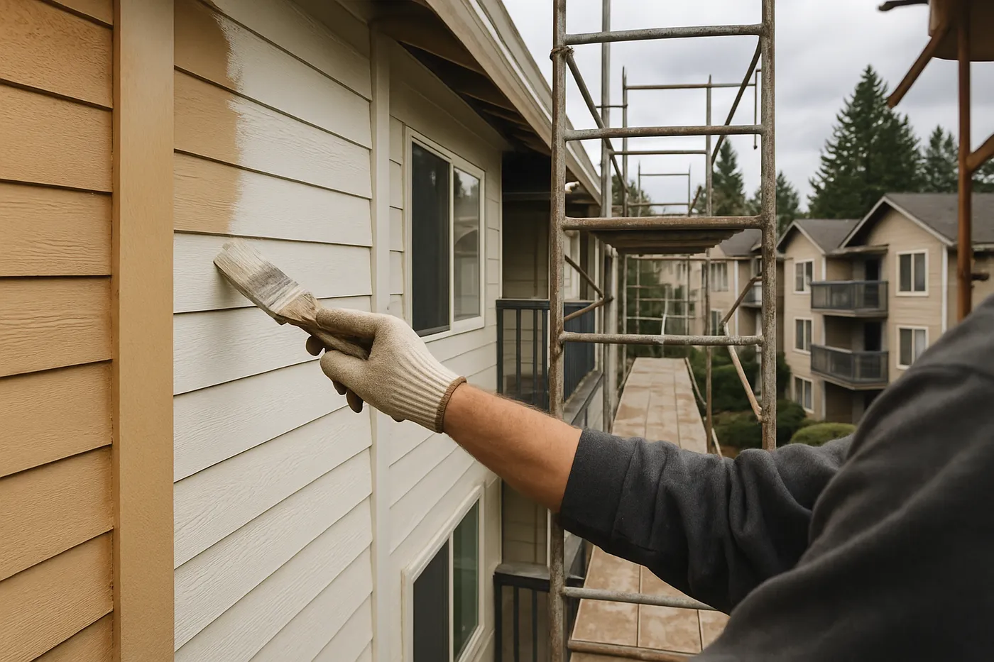 Freshly repainted multifamily building exterior in the Seattle area.