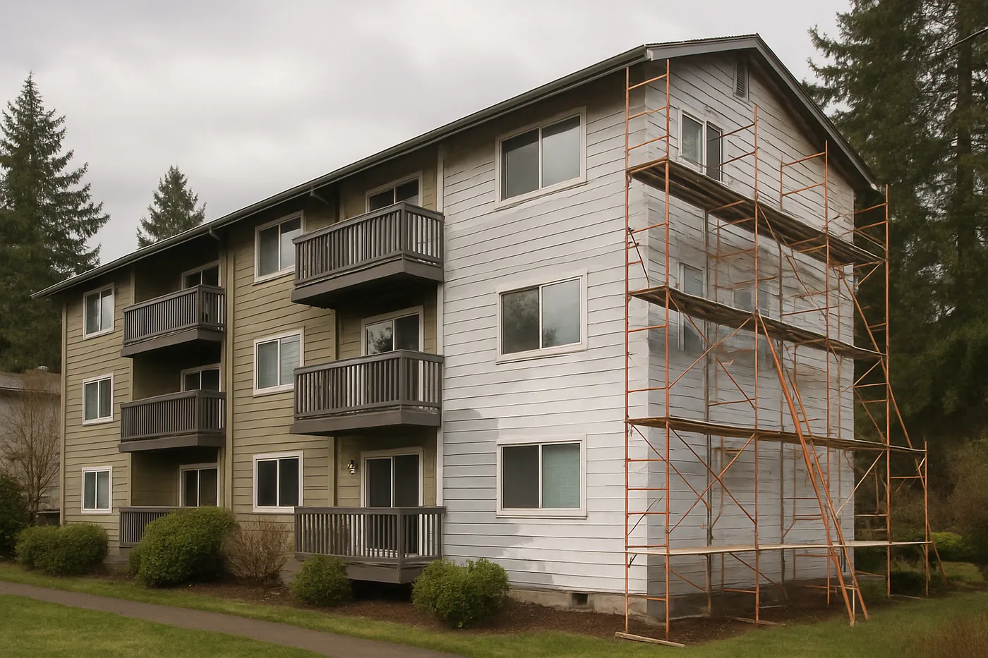 Sealed and painted siding and trim on a Pacific Northwest condominium.