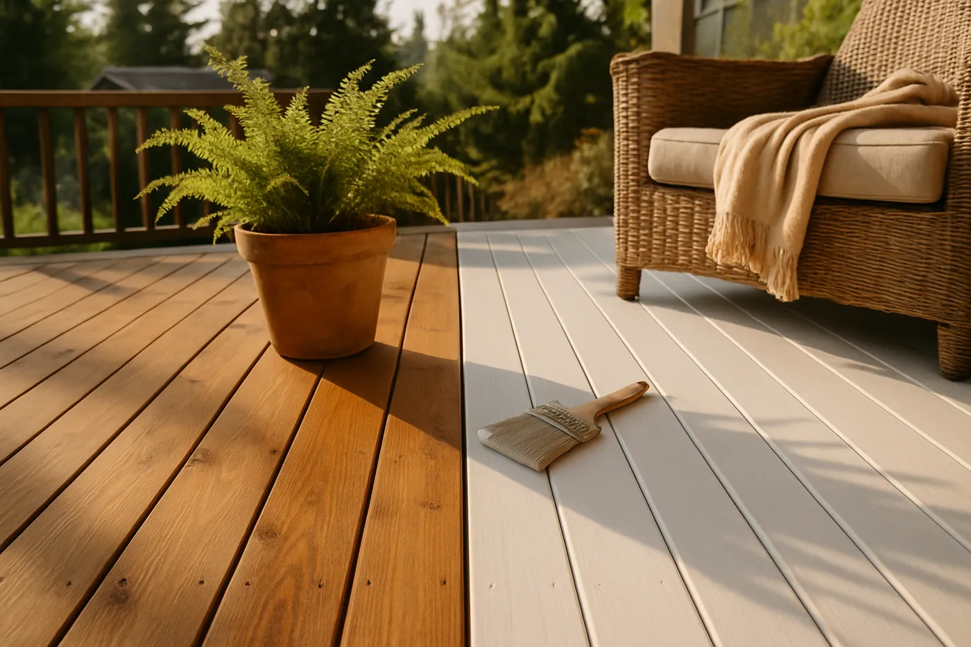 Freshly stained wood deck on a Seattle-area home.