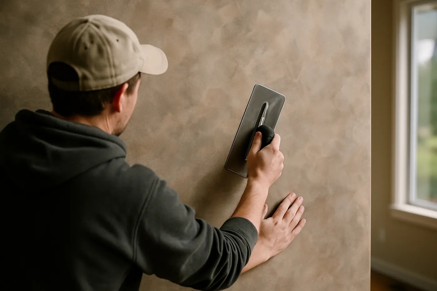 Venetian plaster accent wall with soft depth in a Seattle-area entry.