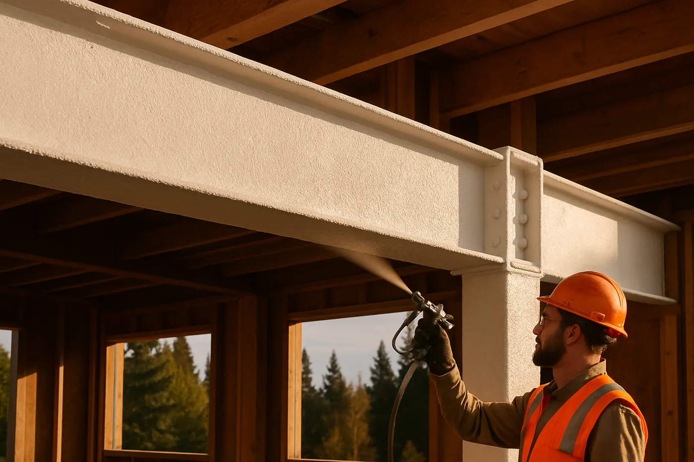 Painter applying a protective coating to steel columns in a modern interior.