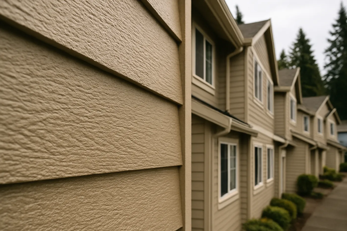 Multifamily building siding and trim coated to a clean, durable finish.