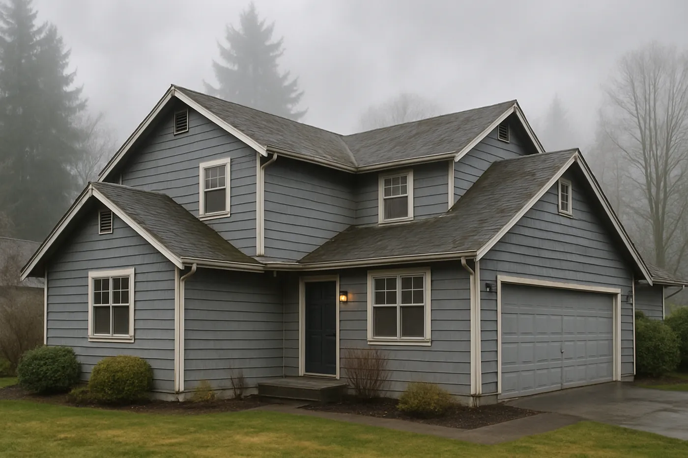 Freshly painted home exterior with wood siding in a Pacific Northwest setting.