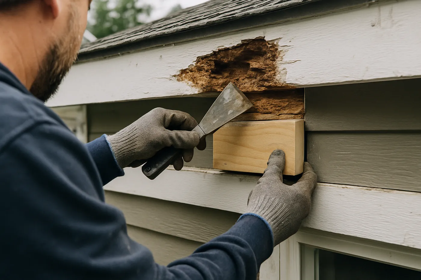 Exterior wood trim and fascia on a Seattle-area home prepped for repair.