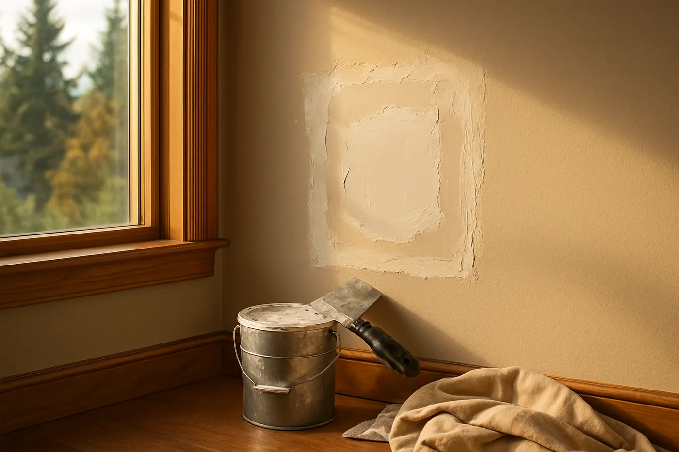 Patched and primed drywall section blended into a textured wall.