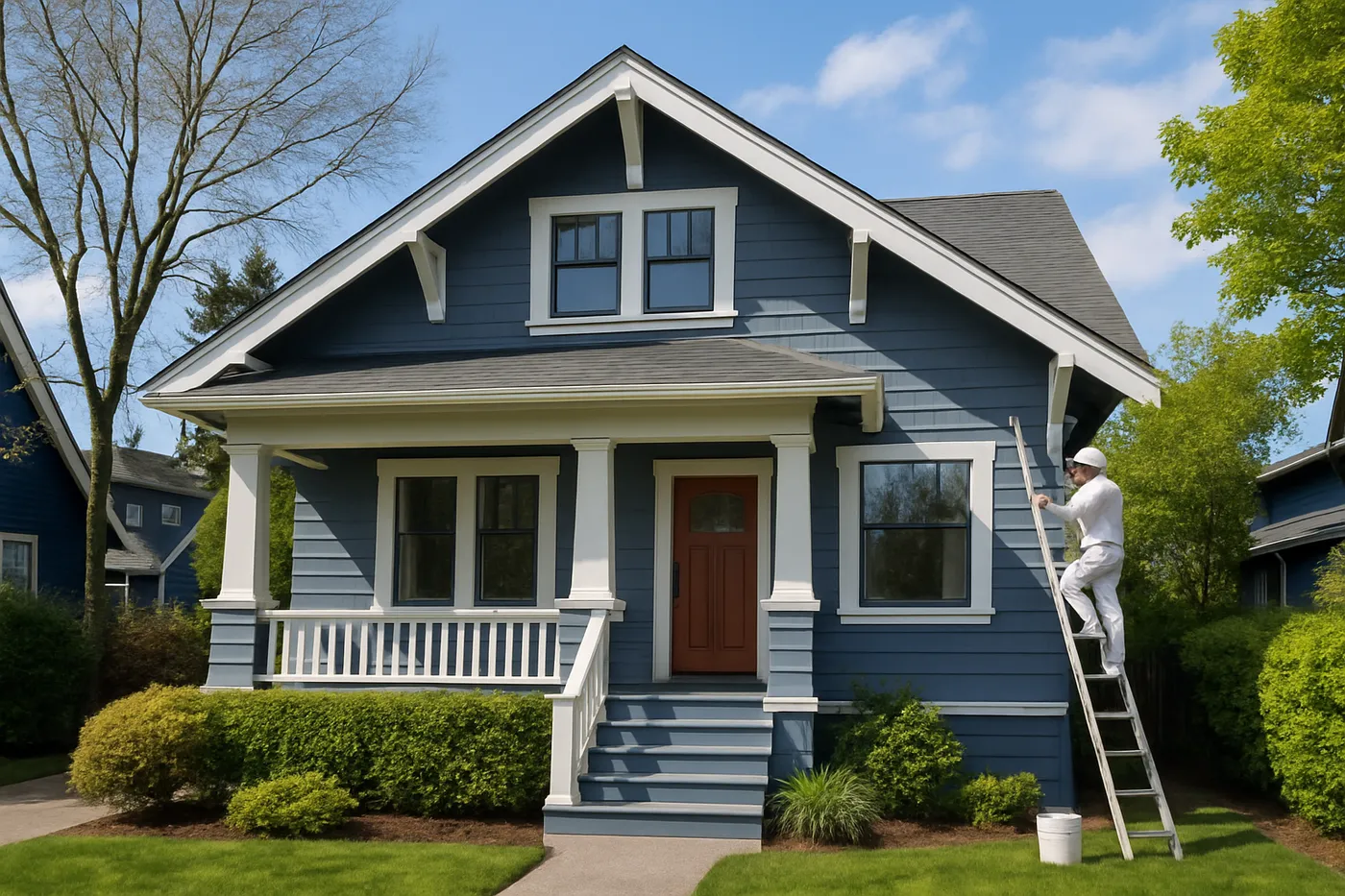 Painter prepping wood siding and trim before an exterior repaint.