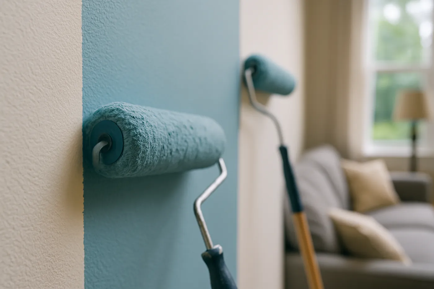 Painter cutting in crisp lines along interior trim and baseboards.