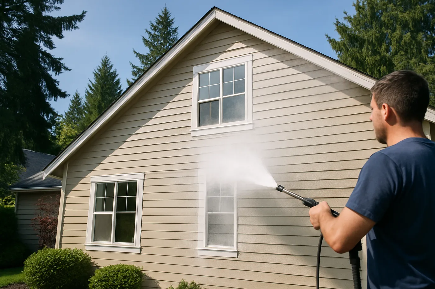 Pressure washing a home exterior in a Seattle-area neighborhood.