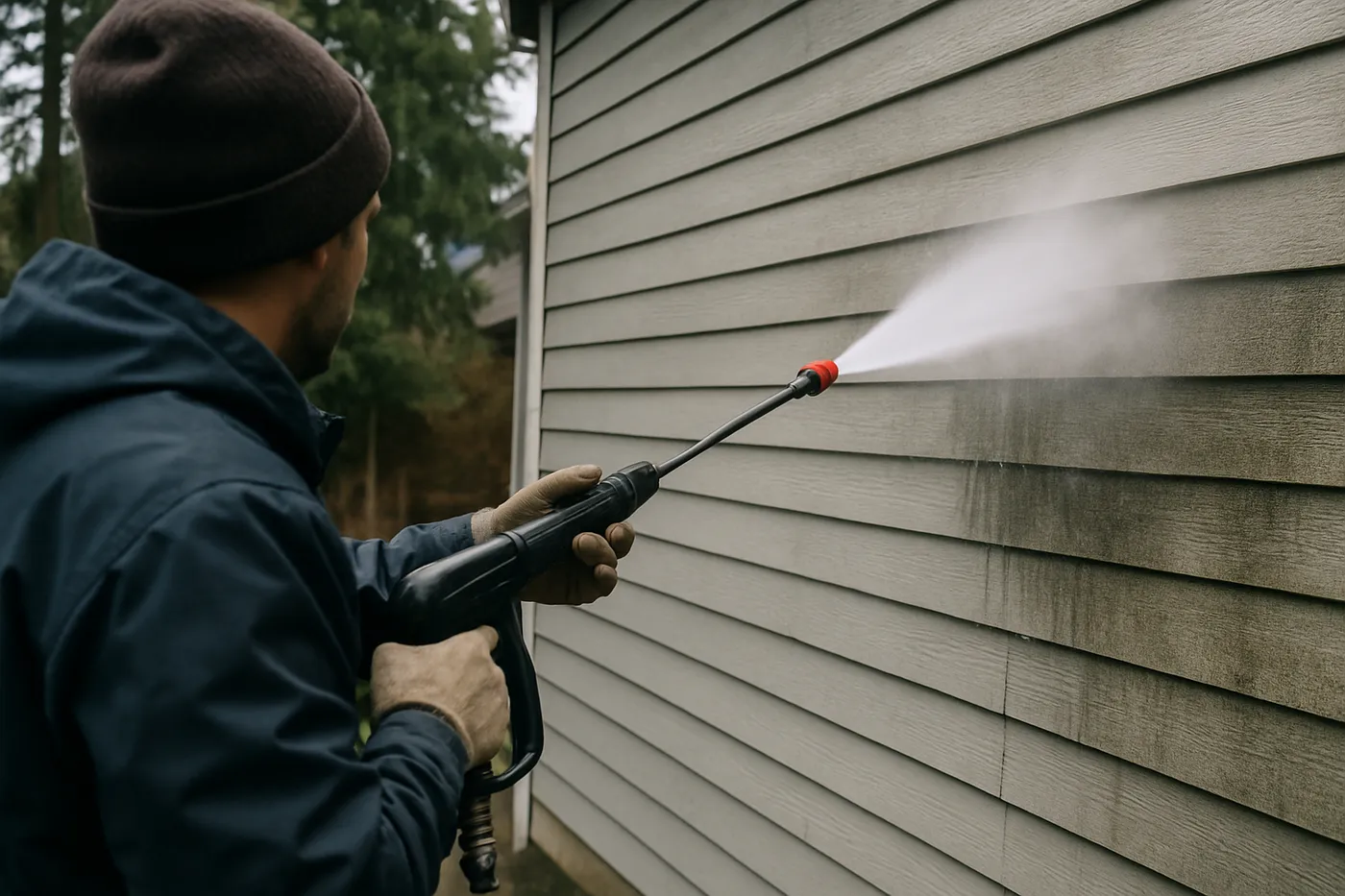 A clean driveway and siding after a professional exterior wash.