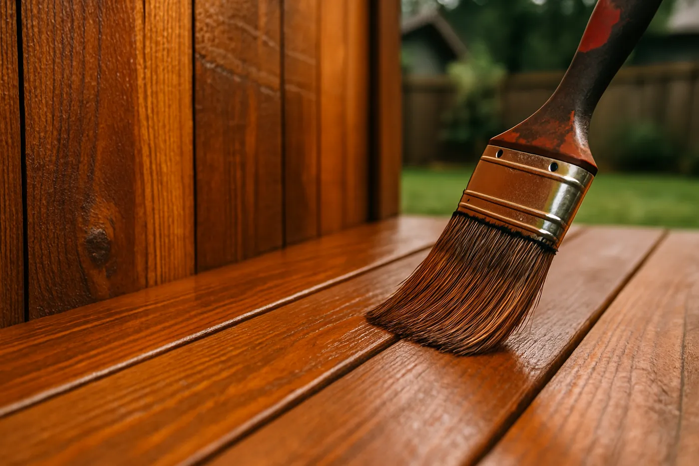 Freshly stained backyard deck on a Seattle-area home.