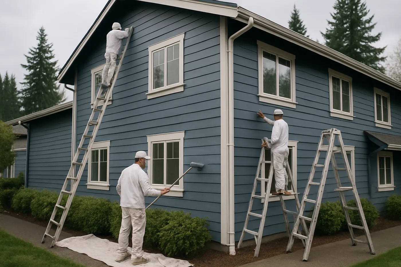 Crew coating an exterior wall on a commercial property at dusk.