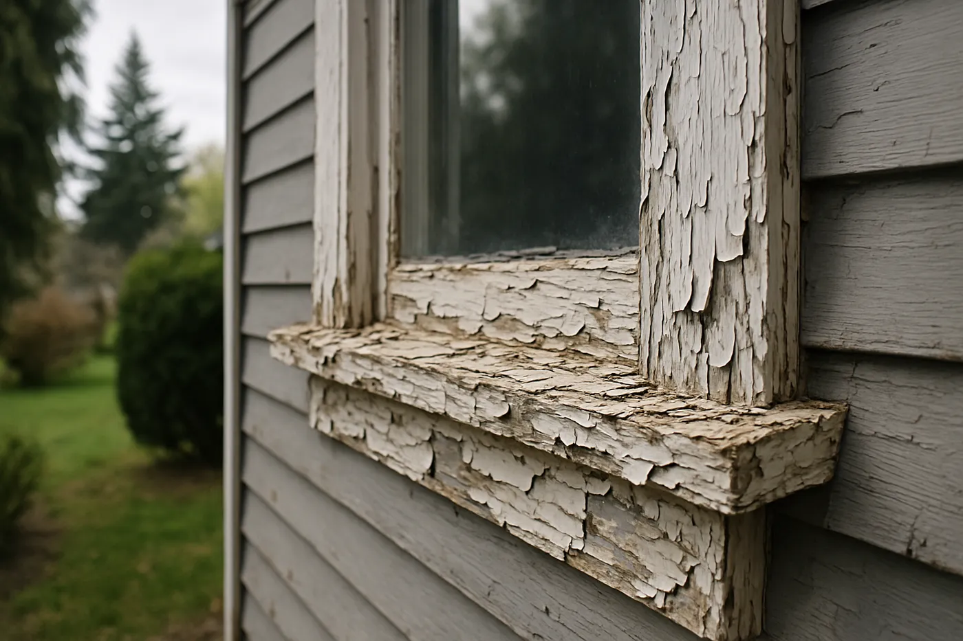 Weathered exterior paint peeling on an older Seattle-area home.