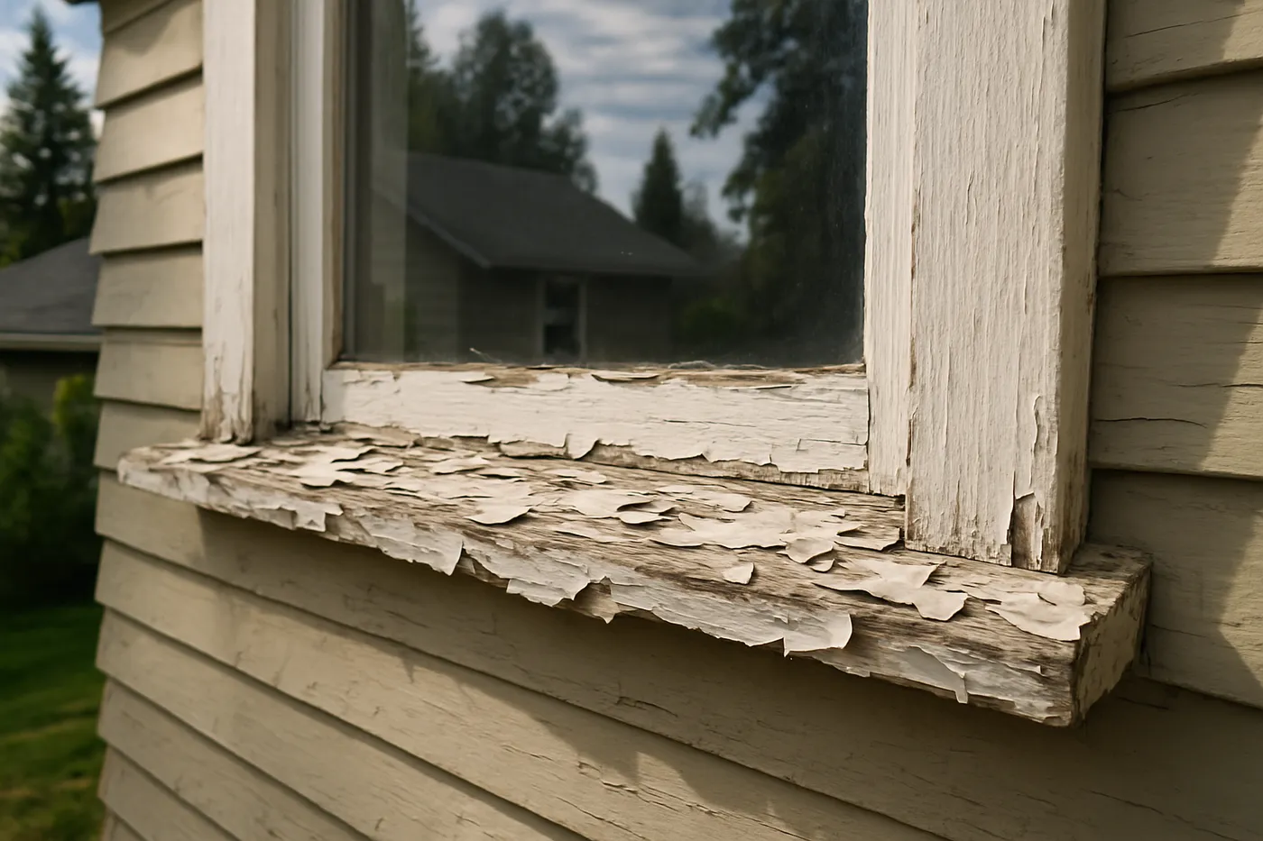 Close, careful prep of old painted window trim before repainting.