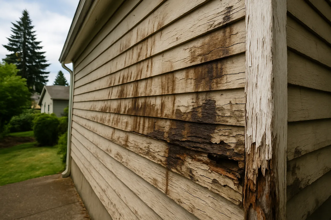 Weathered exterior fascia and trim on a Seattle-area home being inspected for wood rot.