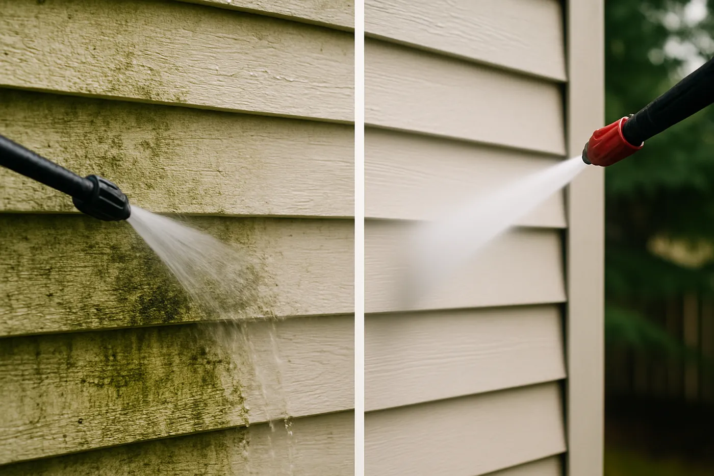 Exterior siding of a Seattle-area home being gently soft washed to remove algae.