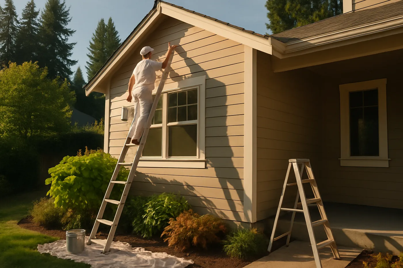 Exterior siding being coated during the dry season in Western Washington.