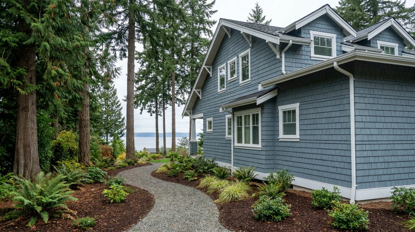 Coastal cedar-shingle home exterior in Mukilteo, WA