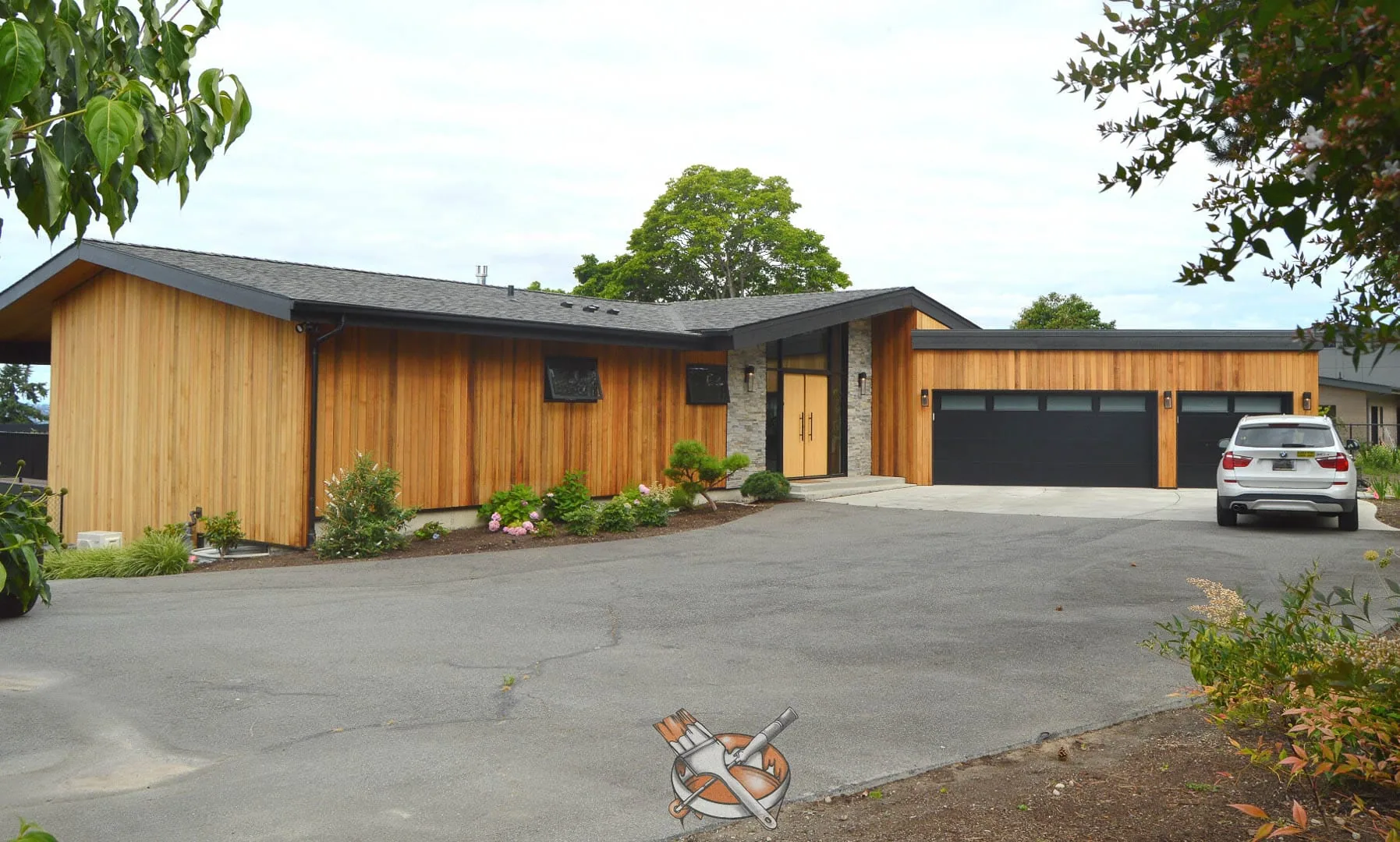 Exterior cedar finish by Hedlund Painting on a modern home in Clyde Hill, WA