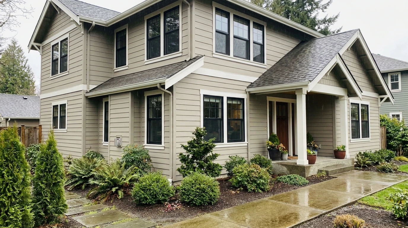 Freshly repainted greige craftsman home exterior in the Seattle area