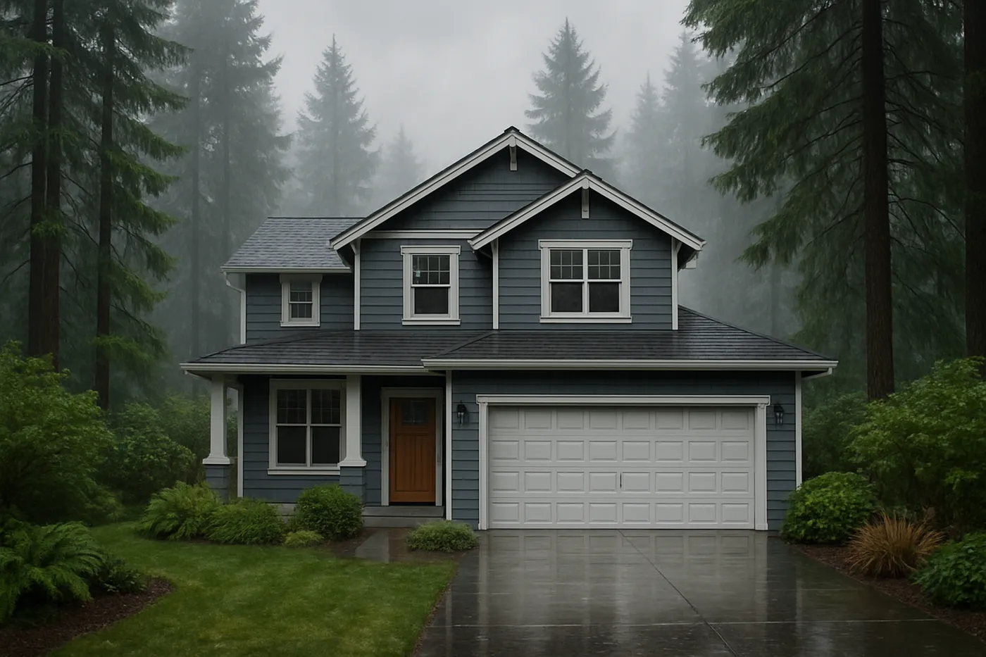 A Pacific Northwest home exterior holding up in wet, misty weather among the evergreens